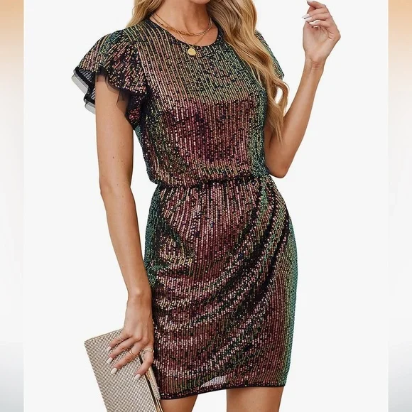 GRACE KARIN Women's Sparkly Cocktail Holiday Cap Sleeve Evening Shift Dress SZ L - Picture 4 of 17